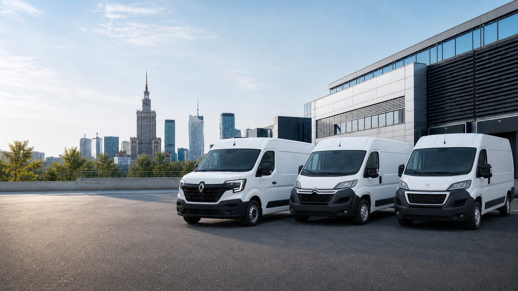 Białe busy dostawcze Renault Master 2026, Citroen Jumper i Peugeot Boxer w Warszawie